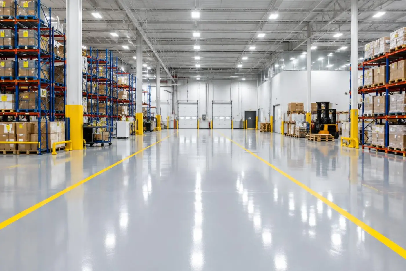 Warehouse with seamless gray epoxy floor and safety striping