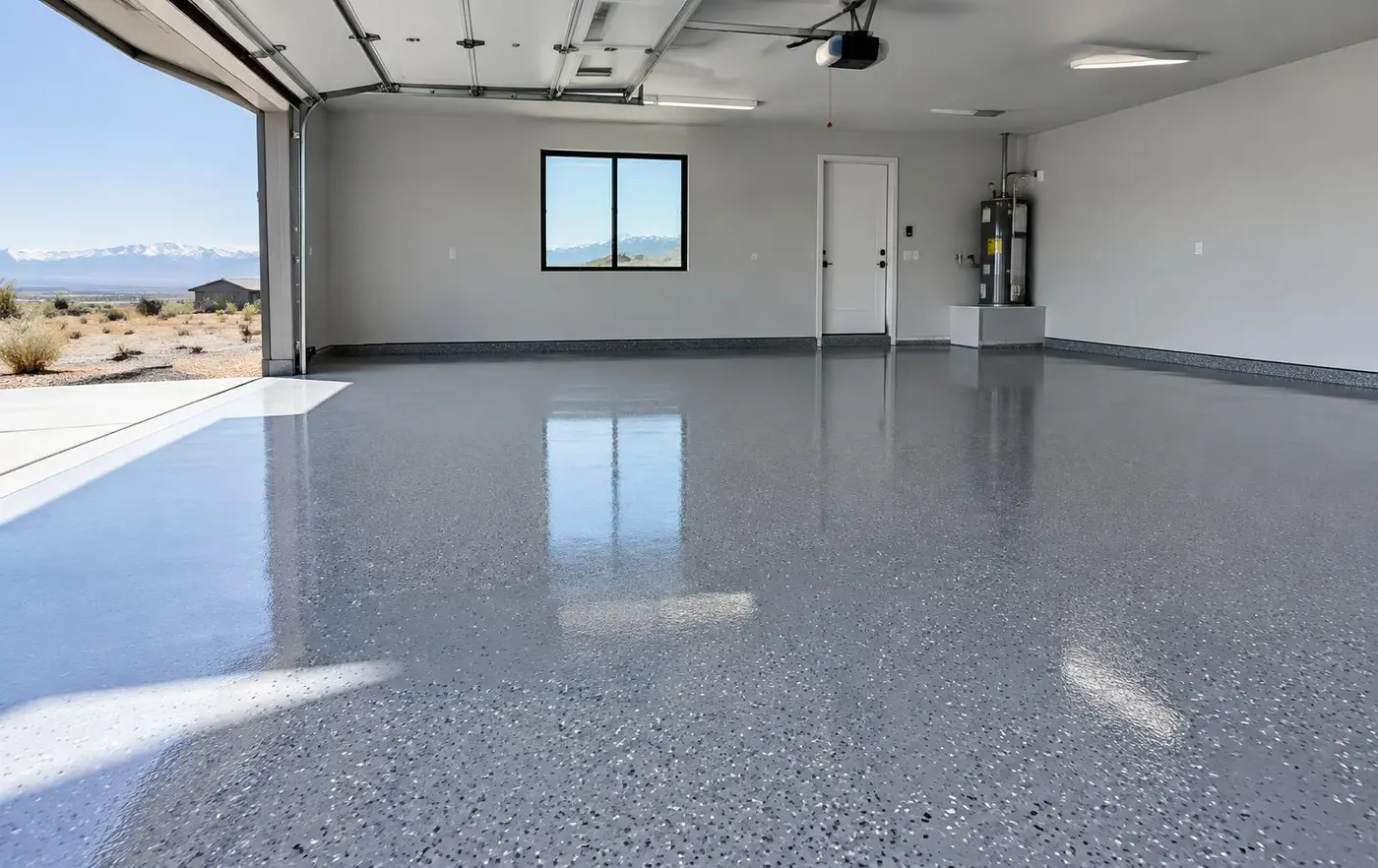 Newly coated garage floor with mountains visible through the open door